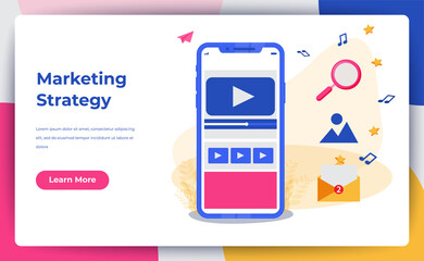 Digital Mobile And Affiliate Online Social Media, Digital Marketing Or Marketing Strategy Concept. Refer A Friend Advertising Content Promotion Strategy. Modern Flat Design Concept Of Landing Page Web