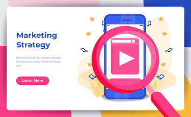Digital Mobile And Affiliate Online Social Media, Digital Marketing Or Marketing Strategy Concept. Refer A Friend Advertising Content Promotion Strategy. Modern Flat Design Concept Of Landing Page Web