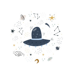 Cute hand drawn with space rocket. Perfect for kids apparel,fabric, textile, nursery decoration,wrapping paper