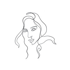 Woman face drawn one continuous line. Fashion concept. Woman beautiful face in minimal style. Abstract linear silhouette. Simple icon, logo. Vector illustration