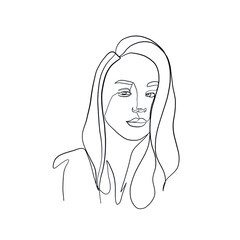 Woman face drawn one continuous line. Fashion concept. Woman beautiful face in minimal style. Abstract linear silhouette. Simple icon, logo. Vector illustration