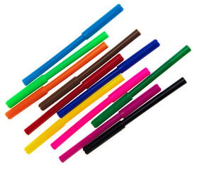 Colored felt-tip pens on a white background.