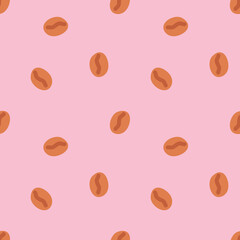 Seamless pattern with coffee beans. roasted coffee is scattered at random on pink background.