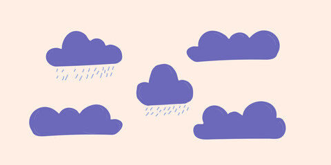 Doodle hand drawn rainy clouds. Purple colored with blue rain drops isolated on beige background.