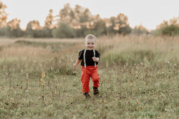 happy little baby boy running on summer grass in field
