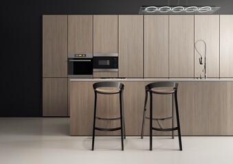 Wnętrze kuchni, minimalistyczny styl, połączenie czarnych odcieni z drewnianymi frontami szafek. - obrazy, fototapety, plakaty