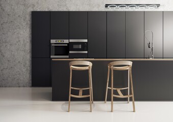 Fototapeta Wnętrze kuchni, minimalistyczny styl, połączenie czarnych frontów szafek z betonem i drewnem. obraz