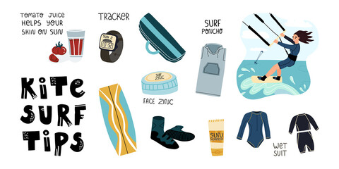 Kite surf tips set. Wet suit and SPF skincare ,poncho for comfort and quick changing of clothes, tracker watch and other