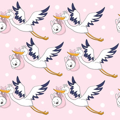 Vector illustration with a cute stork carries a baby bunny seamless pattern on a pink background for children