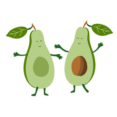 Cute cartoon halves of avocado with stone and leaf. Fruit for healthy life. Vector illustration isolated on white background. 