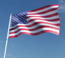 American flag 3D illustration on blue sky background. 3D rendering illustrations.