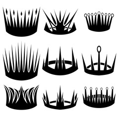 A set of nine different types of medieval crowns. Illustration for various purposes of icons, brochures, banners, logos.
