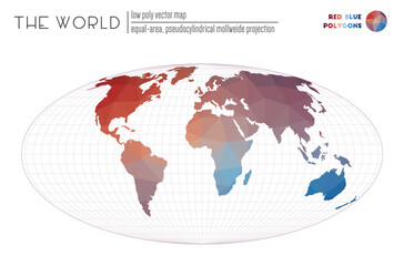 Abstract world map. Equal-area, pseudocylindrical Mollweide projection of the world. Red Blue colored polygons. Contemporary vector illustration.