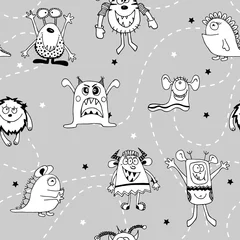  Naadloze grappige zwart-witte monsters in de ruimte met sterren. Ideaal voor babytextiel, behang en papier. © barberry