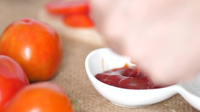close up tomato sauce with french frie , healthy food concept.