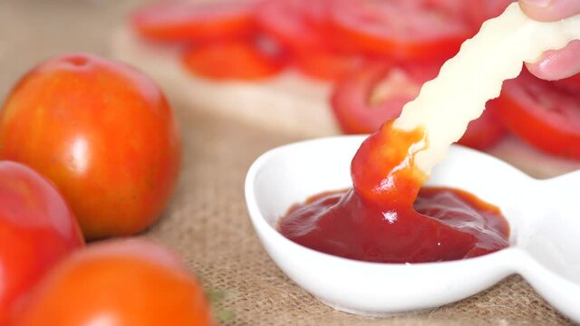 close up tomato sauce with french frie , healthy food concept.