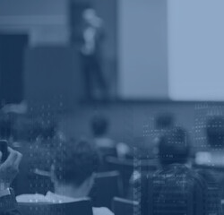 Conference photo audience and speaker giving speech. Seminar presenter on a panel during forum....