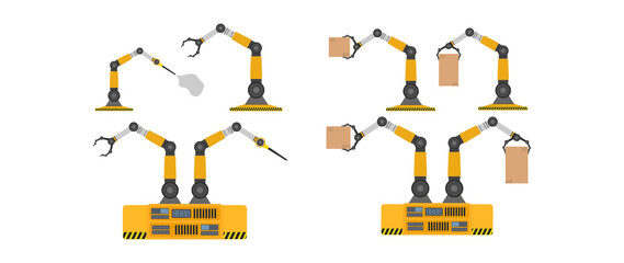 Set of mechanical robots holding boxes. Industrial robotic arm lifts a load. Modern industrial technology. Appliances for manufacturing enterprises. Isolated. Vector.