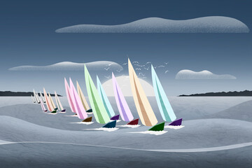 Illustration of colorful Sailing Dinghys Racing