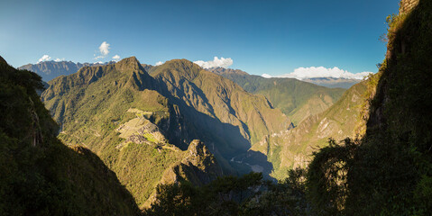 Machu Picchu in a southern view through from Huayna Picchu, located in the southern Cordillera Oriental of Peru, in the Andes, Sacred Valley of the Incas, Cusco.