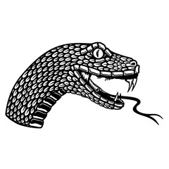 Naklejka premium Illustration of head of poisonous snake in engraving style. Design element for logo, label, emblem, sign, badge. Vector illustration