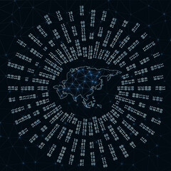 Asia digital map. Binary rays radiating around glowing continent. Internet connections and data exchange design. Vector illustration.