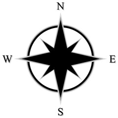 Black flat compass rose with shadow with letters.