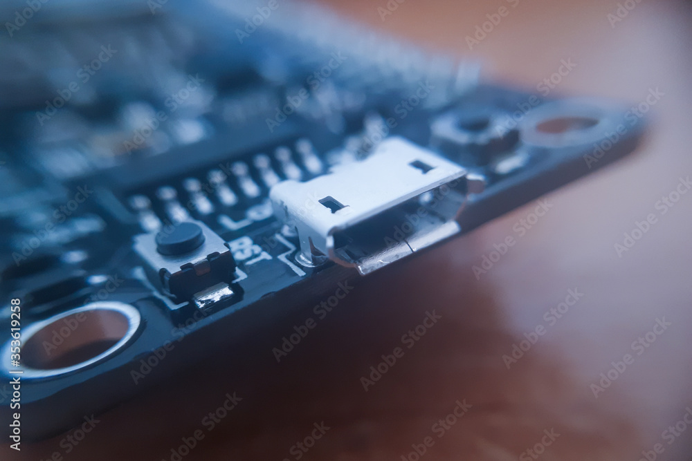 Poster closeup of electronic circuit board or pcb. processor, chip..
