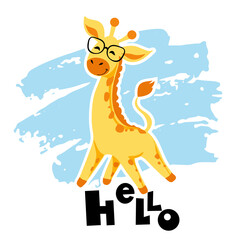 Beautiful giraffe with glasses on a white background. Baby concept. Happy birthday. Vector illustration. Flat style concept