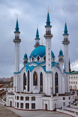 Fototapeta na wymiar Kul Sharif (Qolsherif, Kol Sharif, Qol Sharif, Qolsarif) Mosque inside Kazan Kremlin. One of the largest mosques in Russia. Located in Kazan city, capital of the Republic of Tatarstan. UNESCO Heritage