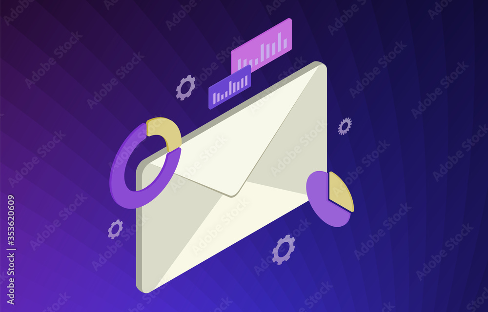 Poster email analytics and marketing service concept vector illustration. analysis with charts and graph of