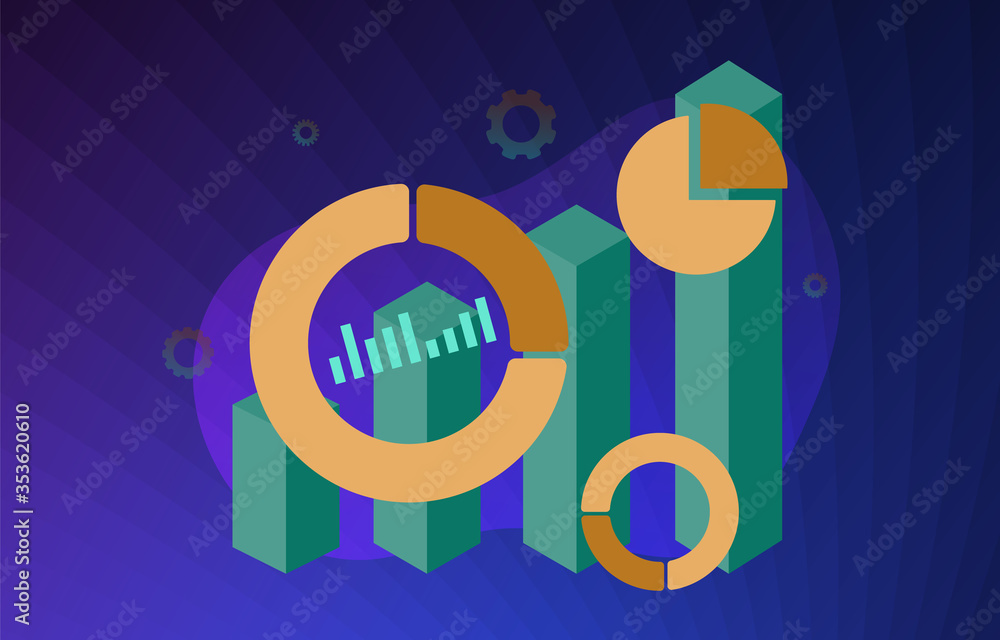 Poster business intelligence and big data analytics vector concept illustration. chart and graph flat and i
