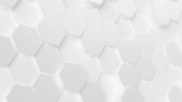 Abstract Hexagon Geometric Surface Loop 5 White: light minimal hexagonal grid pattern animation in modern clean white. Clean background with glossy white hexagon shapes. Soft look. Clean feel. 4K