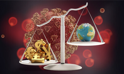 concept of Coronavirus and a scale with money and planet earth on the other side 3d-illustration