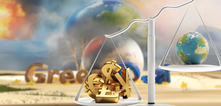 Concept Of Green Deal And A Scale With Money And Planet Earth On The Other Side 3d-illustration