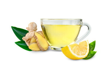 ginger and lemon tea in glass cup and leaves isolated on white background
