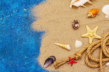 Seashells summer background. Lots of different seashells piled together, sea star