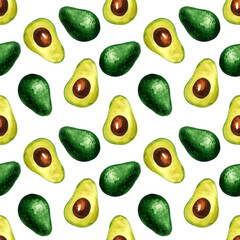 Avocado - healthy vegetables collection. Seamless pattern with watercolor illustration on white background
