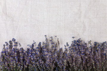 Beautiful floral background with lavender on a fabric background, top view. Rustic or vintage...