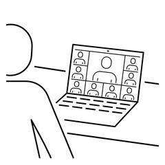 A simple icon of a person on a laptop communicating with a lot of people via video link in conference mode
