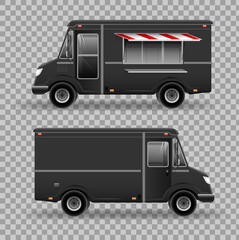 Side View Food Truck with City Landscape on the transparent Background. Mobile kitchen van. Corporate identity element.