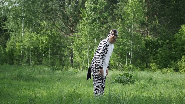 Crazy people, man in a Zebra costume, bright emotion,kigurumi, funny moment, facial expressions, antics, good mood