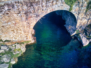 Aerial view of the Roman bridge of Cuartos del Losar de la Vera, Extremadura.