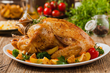 Roast chicken whole. Served on a plate with vegetables and baked potatoes.
