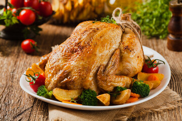 Roast chicken whole. Served on a plate with vegetables and baked potatoes.