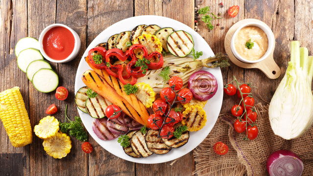 vegetable barbecue with dip sauce and ingredient