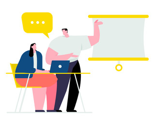 Men standing, presenting work with women.Flat design vector illustration concept.