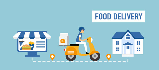 Food ordering online and food delivery service vector illustration. Delivery boy riding motorbike and ship order to customer house. Fast food delivery design template for landing page, web, poster.