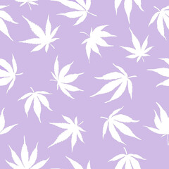 Fototapeta na wymiar Seamless pattern of white hemp on a soft purple background.White hemp leaves on a purple background. A sample of marijuana. Ganja