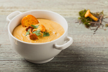 Delicious soup, cream with mushroom chanterelles.
